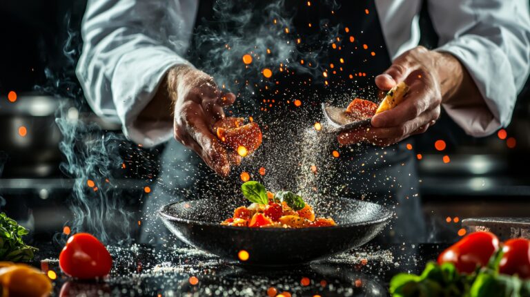 chef-preparing-gourmet-dish-with-flying-spices-smoke